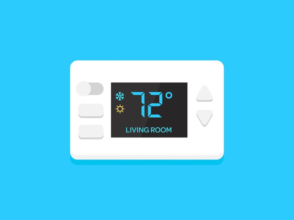 Graphic of smart thermostat showing temperature for living room in home with zoned cooling