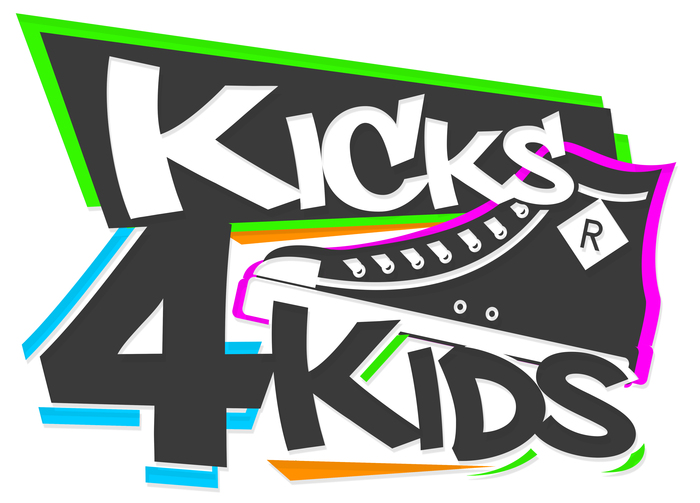 Logo with the text "Kicks 4 Kids" featuring a stylized sneaker in the center, outlined in bright colors with a bold, graphic design that reflects community spirit.