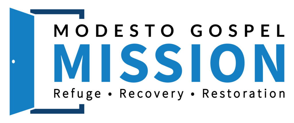 Logo for Modesto Gospel Mission featuring an open door icon, the organization name in bold, and “Refuge • Recovery • Restoration” underneath—symbolizing hope and support for the community.